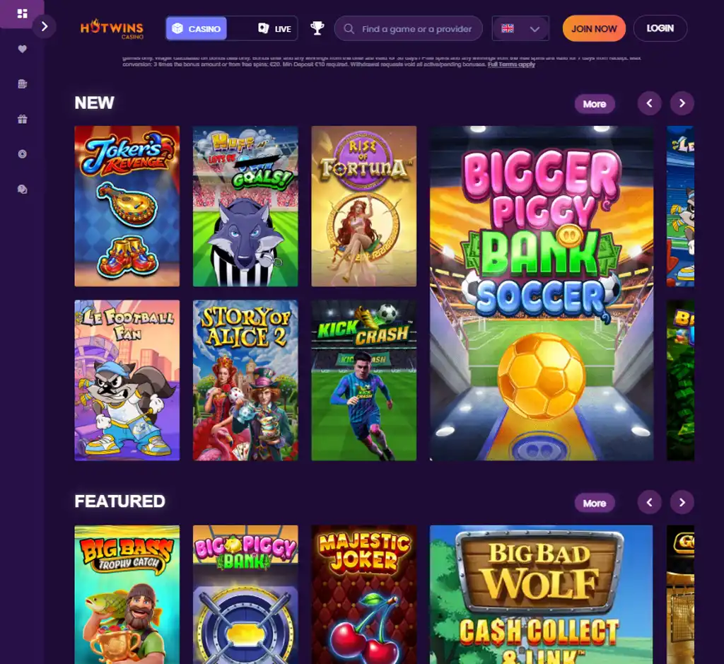 Hotwins Casino desktop homepage screenshot displaying main lobby with featured games, promotions and navigation menu - tested