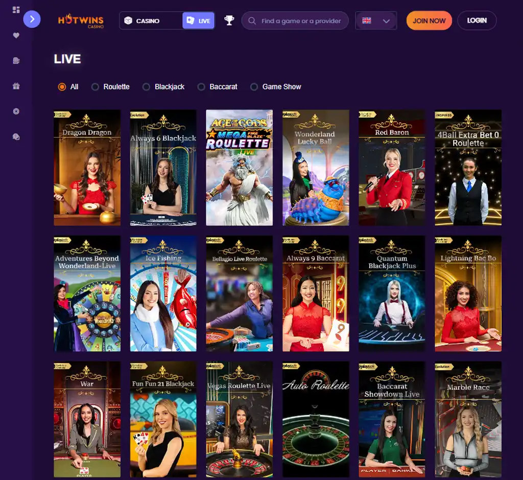 Hotwins Casino desktop live casino lobby screenshot featuring live dealer games and real-time streaming interface - review testing