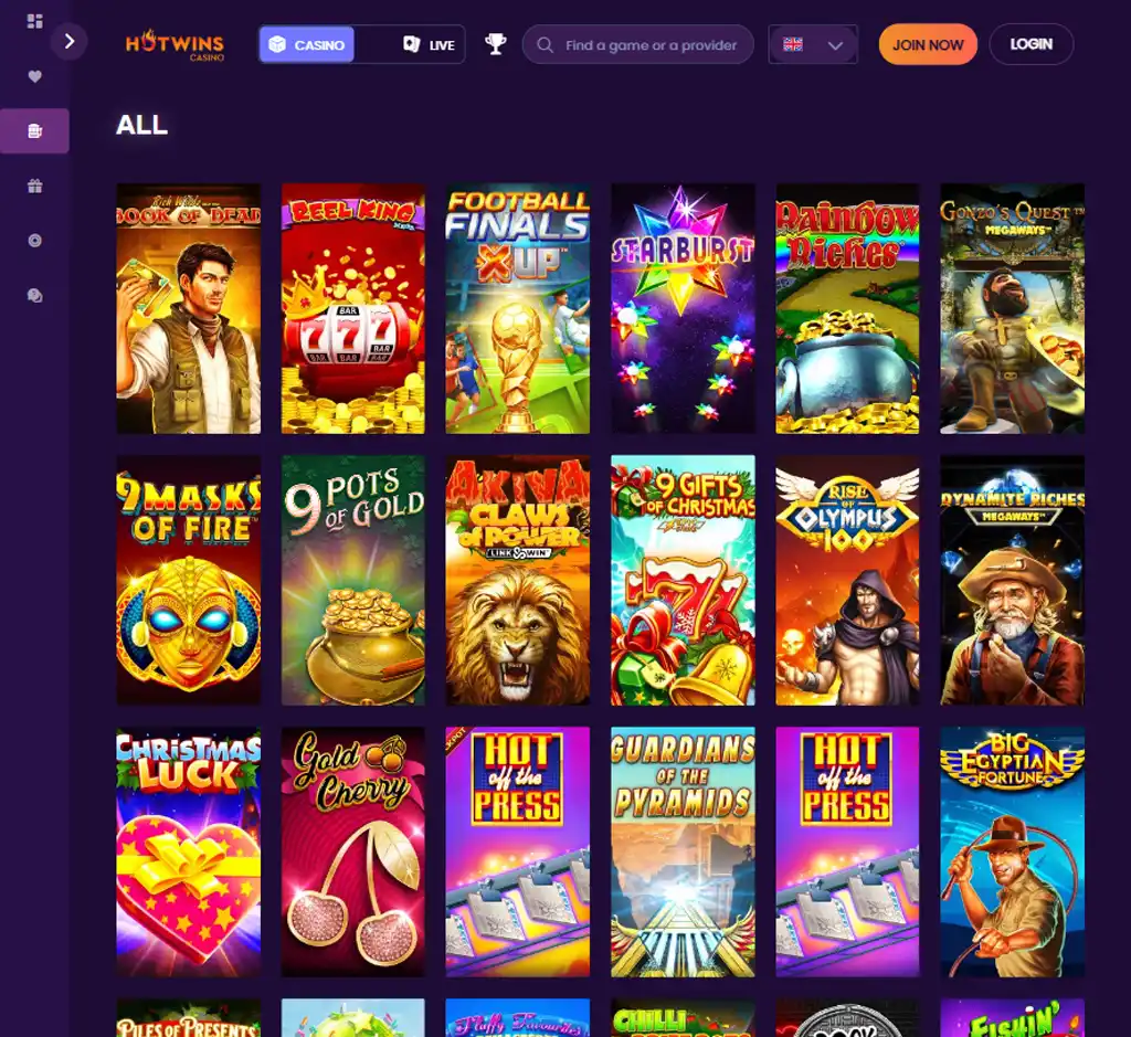 Hotwins Casino desktop slots lobby screenshot presenting variety of slot games with categories and providers - verified