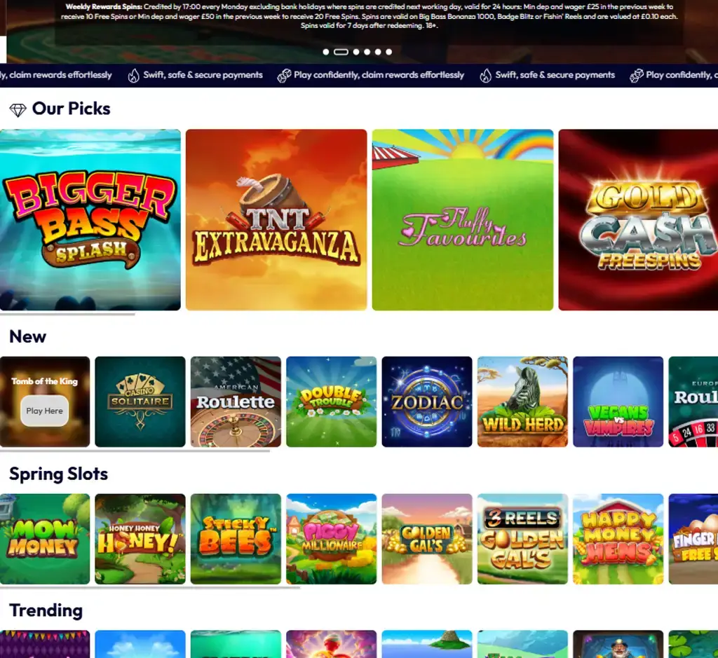 Lady Luckmore Casino desktop homepage screenshot displaying main lobby with featured games, promotions and navigation menu - tested