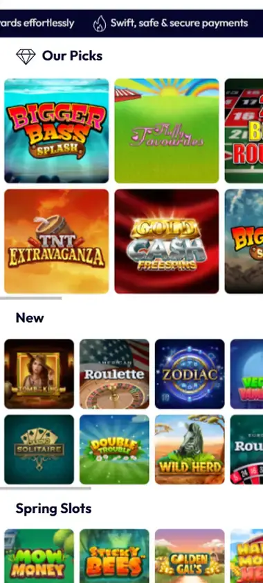 Lady Luckmore Casino mobile homepage screenshot showing main lobby with featured games and promotions - captured during platform testing