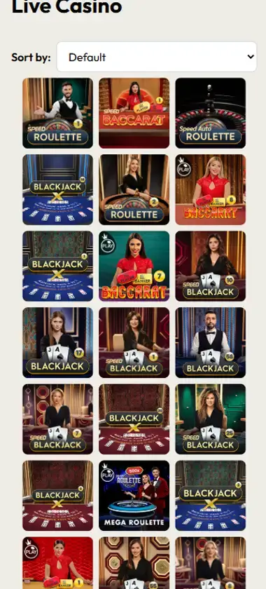 Lady Luckmore Casino mobile live casino interface screenshot showing live dealer tables including blackjack and roulette - tested