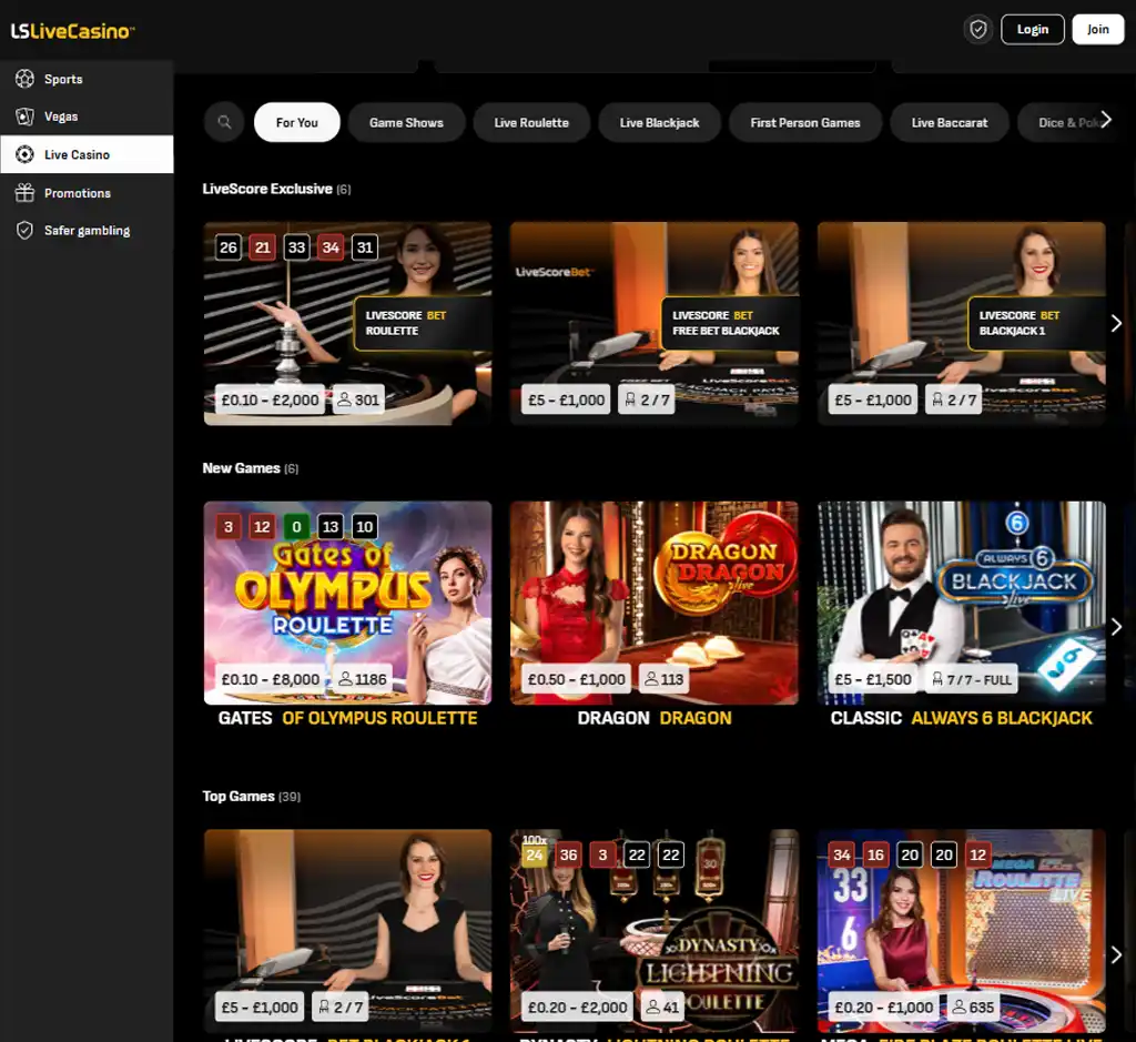 LiveScore Bet Casino desktop live casino lobby screenshot featuring live dealer games and real-time streaming interface - tested