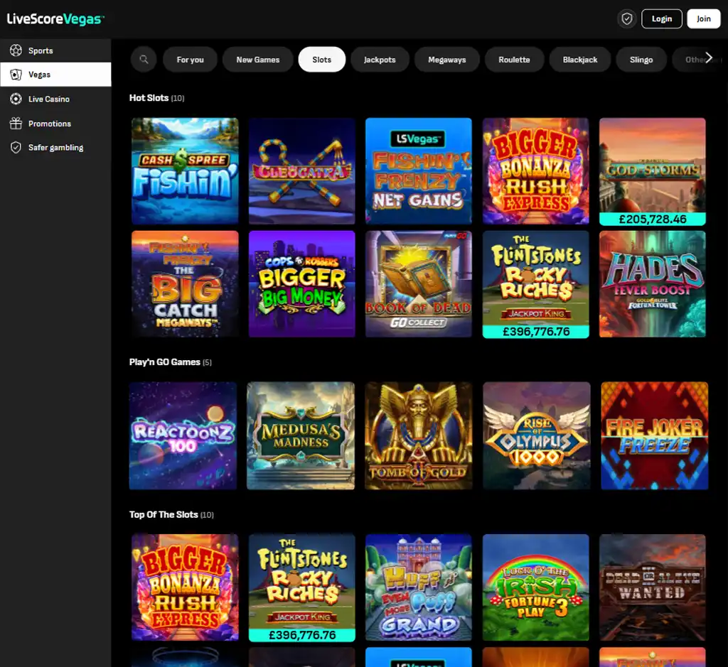 LiveScore Bet Casino desktop slots lobby screenshot presenting variety of slot games with categories and providers - tested