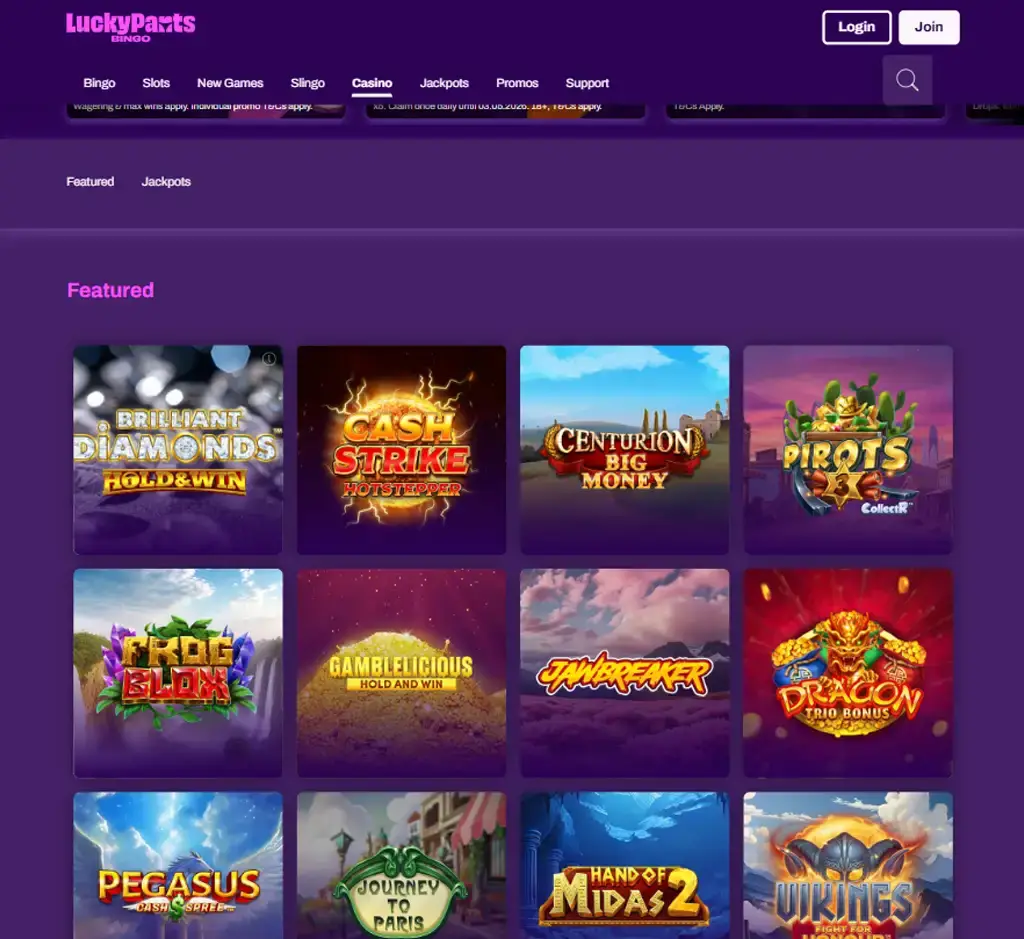 Lucky Pants Bingo Casino desktop featured games section screenshot showcasing popular and recommended titles - tested