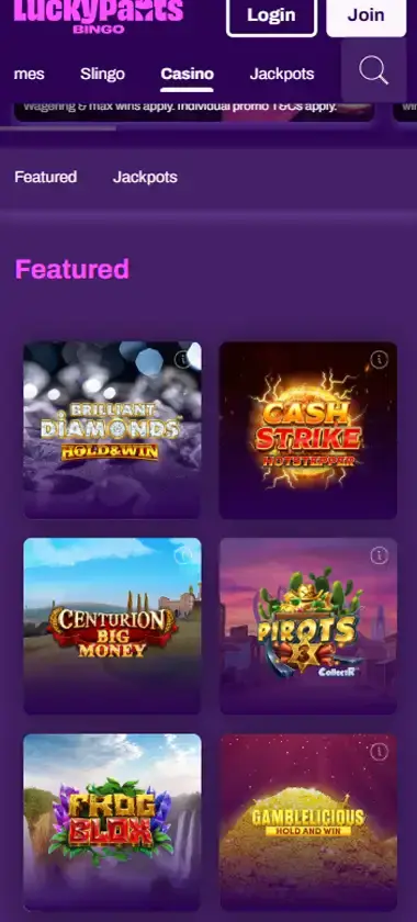 Lucky Pants Bingo Casino mobile featured games interface screenshot displaying highlighted and trending games - captured during platform testing