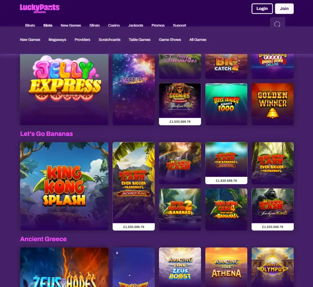 Lucky Pants Bingo Casino desktop slots lobby screenshot presenting variety of slot games with categories and providers - verified