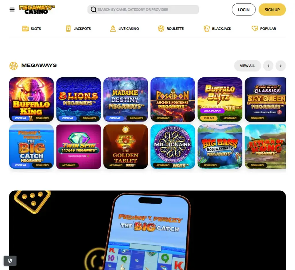 Megaways Casino desktop homepage screenshot displaying main lobby with featured games, promotions and navigation menu - tested