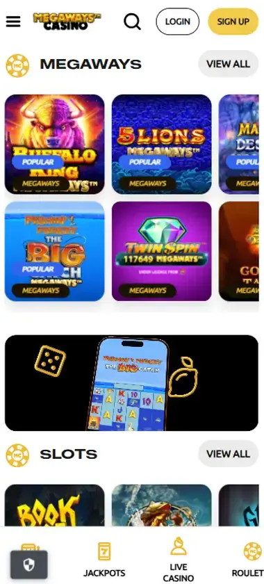 Megaways Casino mobile homepage screenshot showing main lobby with featured games and promotions - captured during platform testing