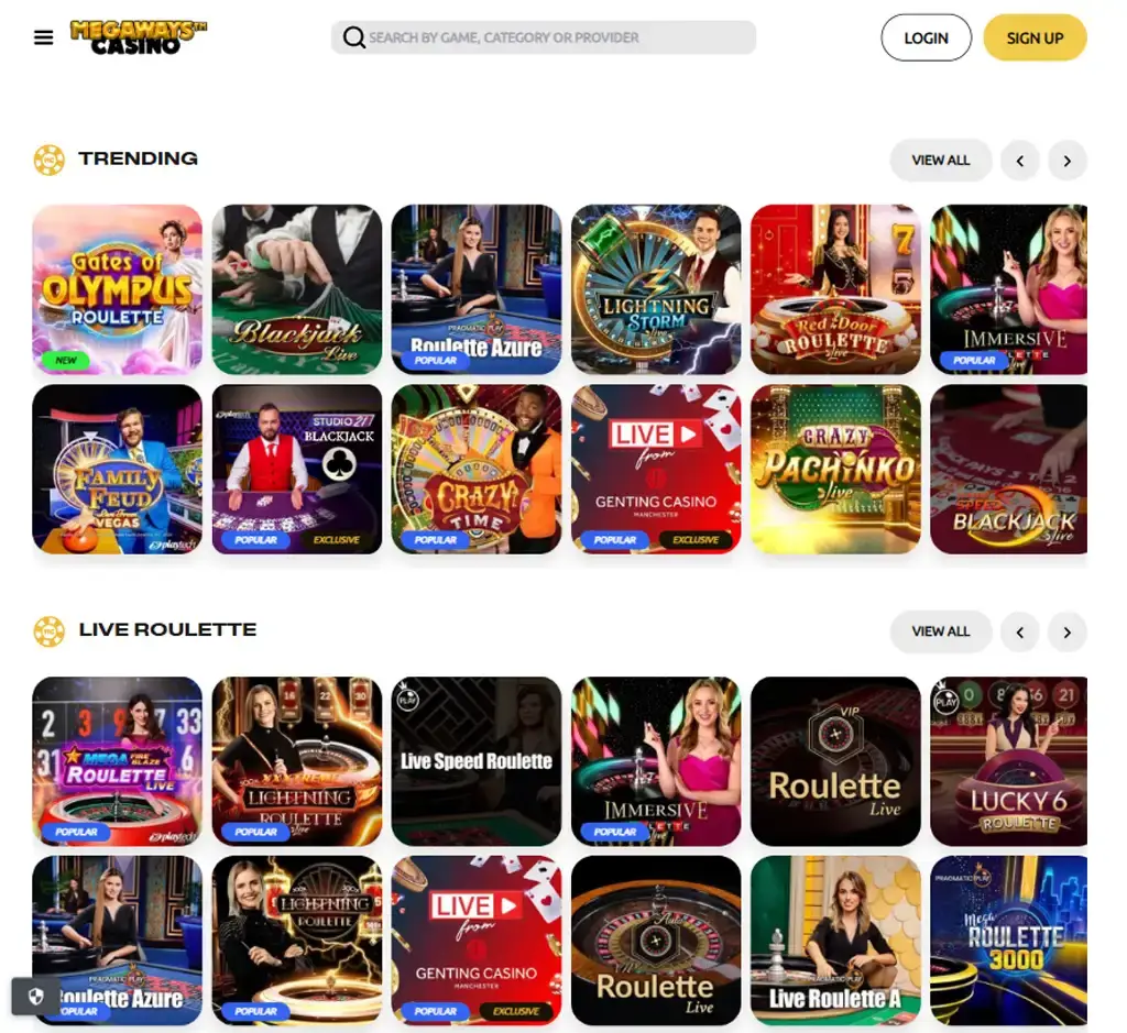 Megaways Casino desktop live casino lobby screenshot featuring live dealer games and real-time streaming interface - review testing
