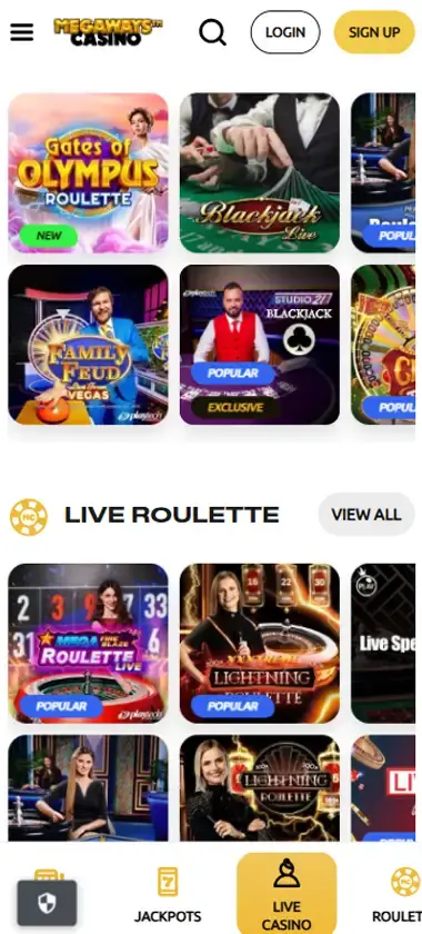 Megaways Casino mobile live casino interface screenshot showing live dealer tables including blackjack and roulette - tested