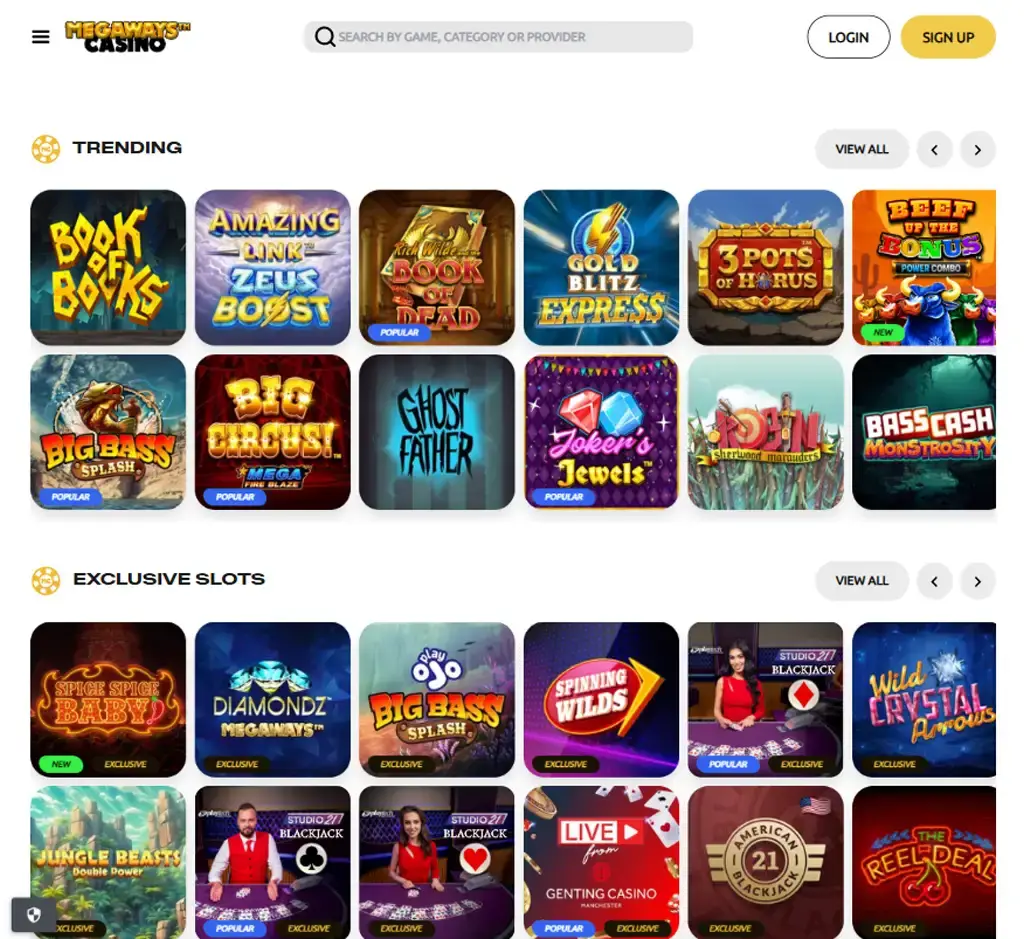 Megaways Casino desktop slots lobby screenshot presenting variety of slot games with categories and providers - verified
