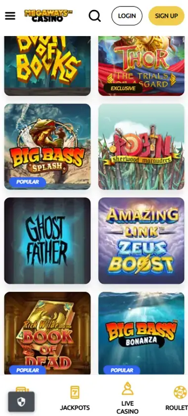 Megaways Casino mobile slots interface screenshot showing slot game selection with popular titles and filtering options - captured during platform testing