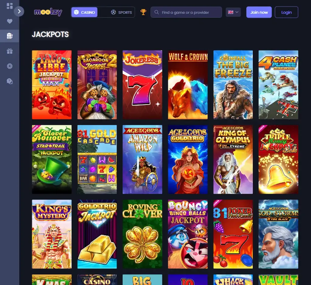 Moolzy Casino desktop jackpots section displaying jackpot games, progressive jackpots and featured jackpot titles - tested