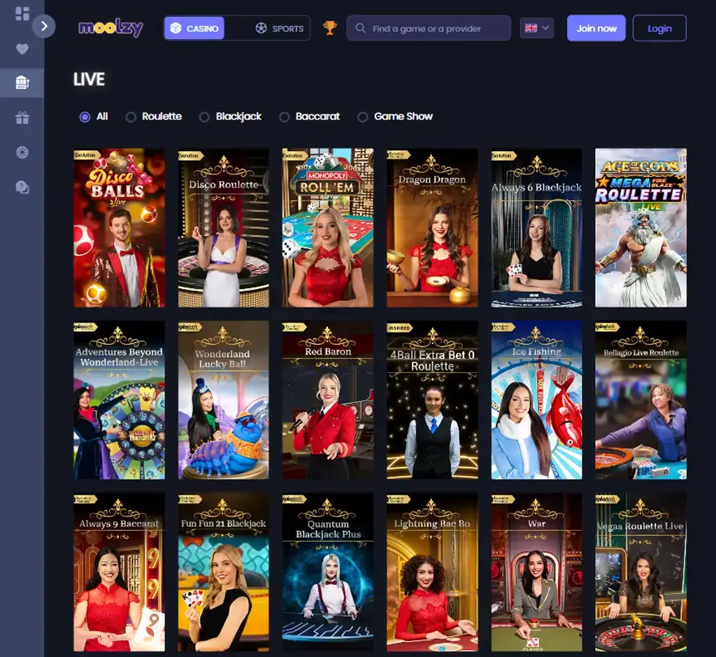 Moolzy Casino desktop live casino lobby featuring live dealer games and real-time streaming interface - tested