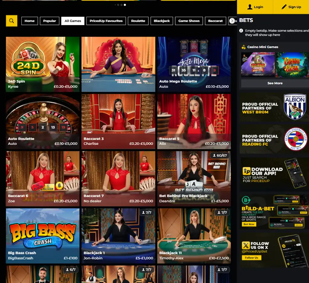 PricedUp Casino desktop live casino lobby screenshot featuring live dealer games and real-time streaming interface - review testing