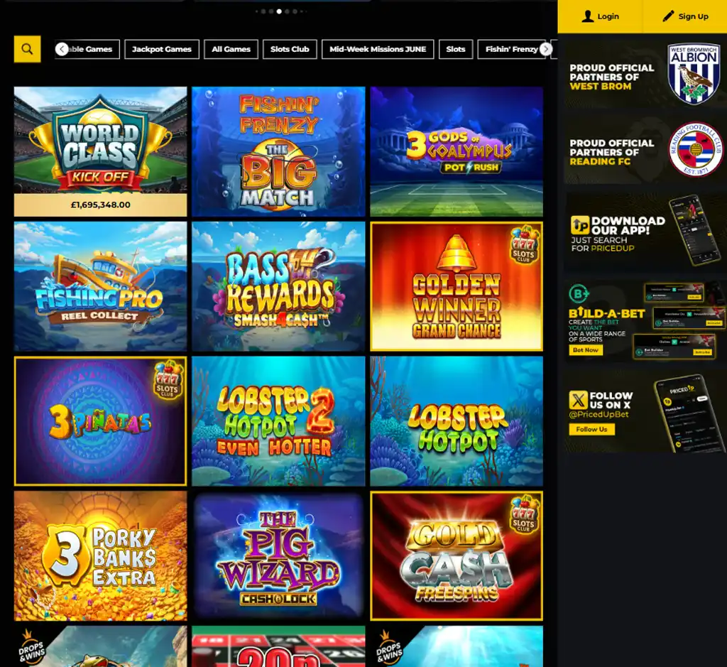 PricedUp Casino mobile slots interface screenshot showing slot game selection with popular titles and filtering options - captured during platform testing