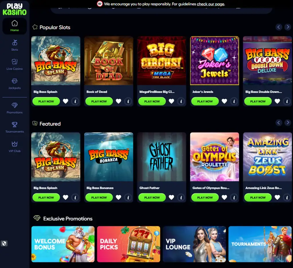 Play Kasino Casino desktop homepage screenshot displaying main lobby with featured games, promotions and navigation menu - tested Play Kasino Casino desktop homepage screenshot displaying main lobby with featured games, promotions and navigation menu - tested