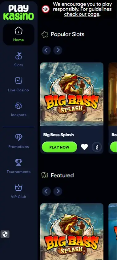 Play Kasino Casino mobile homepage screenshot showing main lobby with featured games and promotions - captured during platform testing Play Kasino Casino mobile homepage screenshot showing main lobby with featured games and promotions - captured during platform testing