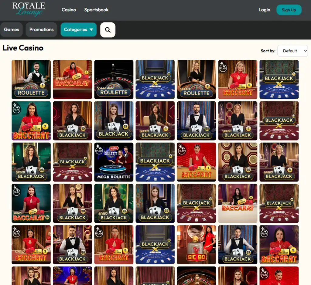 Royale Lounge Casino desktop live casino lobby screenshot featuring live dealer games and real-time streaming interface - review testing