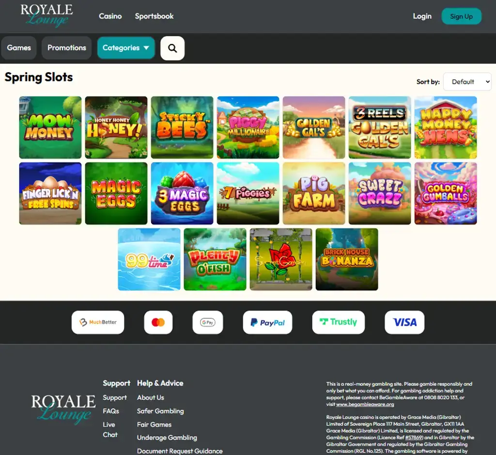 Royale Lounge Casino desktop slots lobby screenshot presenting variety of slot games with categories and providers - verified
