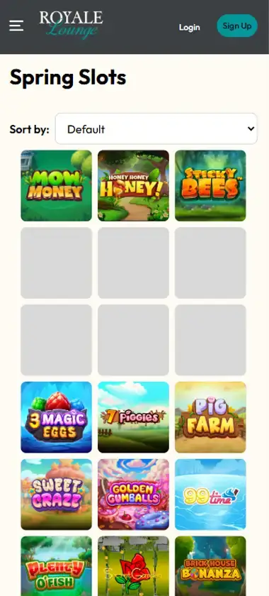 Royale Lounge Casino mobile slots interface screenshot showing slot game selection with popular titles and filtering options - captured during platform testing