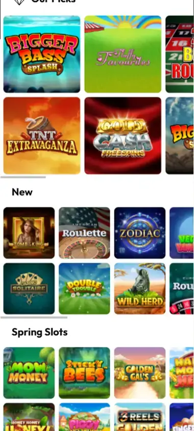 Royale Lounge Casino mobile homepage screenshot showing main lobby with featured games and promotions - captured during platform testing