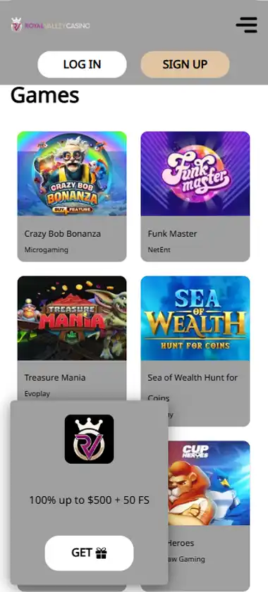 Royal Valley Casino mobile homepage screenshot showing main lobby with featured games and promotions - captured during platform testing
