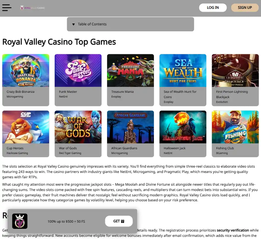 Royal Valley Casino desktop homepage screenshot displaying main lobby with featured games, promotions and navigation menu - tested