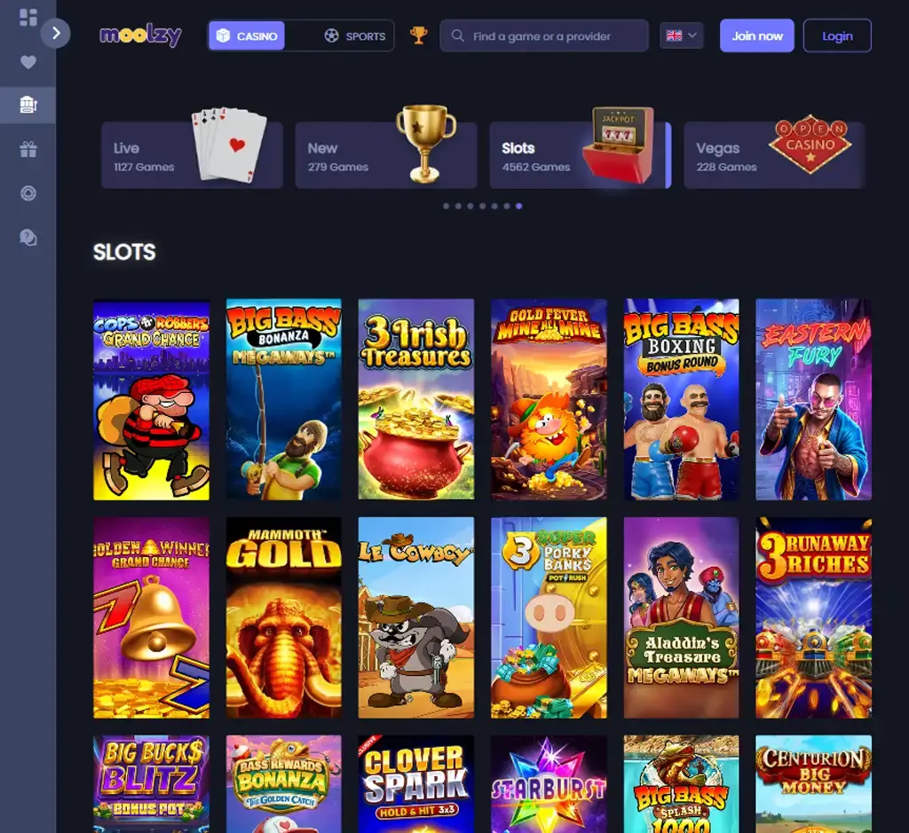 Moolzy Casino desktop slots lobby presenting a variety of slot games with categories and providers - tested