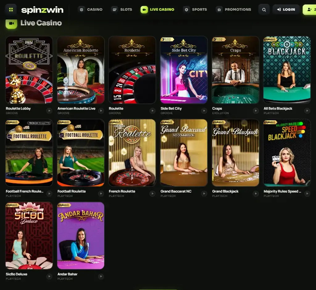 SpinzWin Casino desktop live casino lobby screenshot featuring live dealer games and real-time streaming interface - review testing SpinzWin Casino desktop live casino lobby screenshot featuring live dealer games and real-time streaming interface - review testing