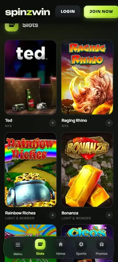 SpinzWin Casino mobile slots interface screenshot showing slot game selection with popular titles and filtering options - captured during platform testing SpinzWin Casino mobile slots interface screenshot showing slot game selection with popular titles and filtering options - captured during platform testing