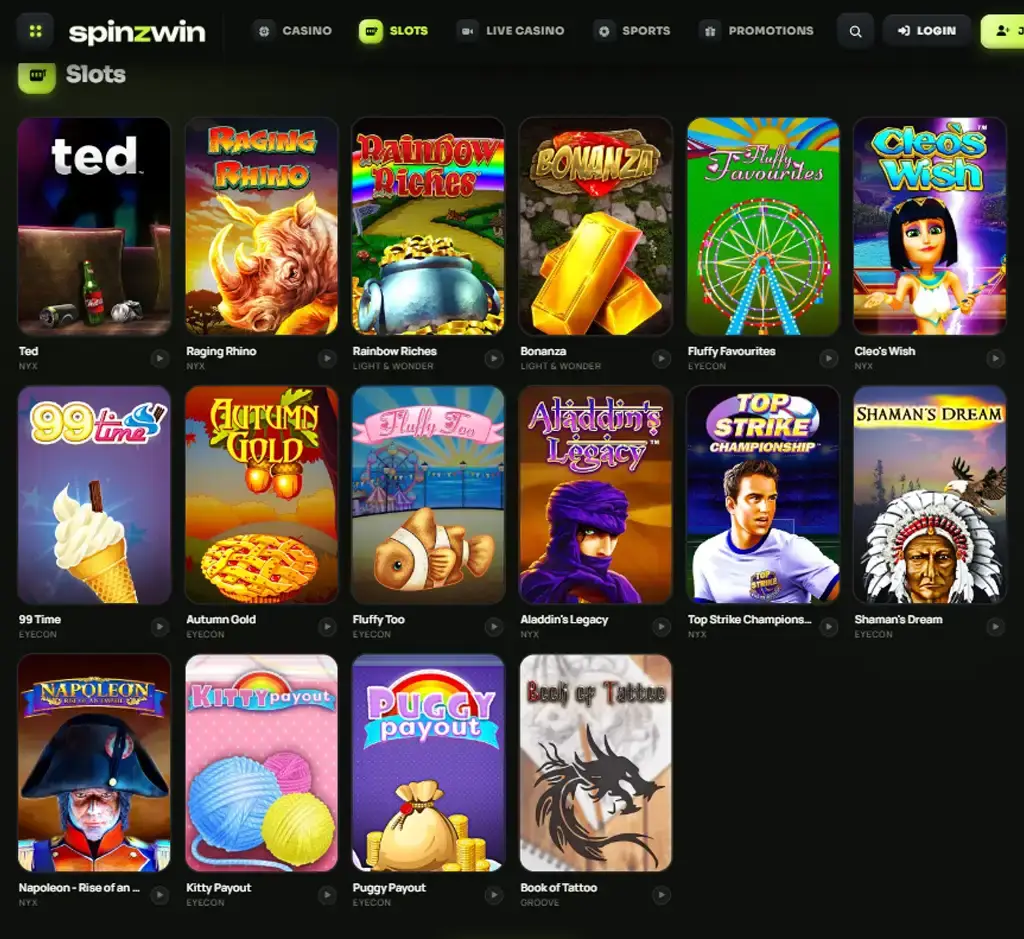 SpinzWin Casino desktop slots lobby screenshot presenting variety of slot games with categories and providers - verified SpinzWin Casino desktop slots lobby screenshot presenting variety of slot games with categories and providers - verified