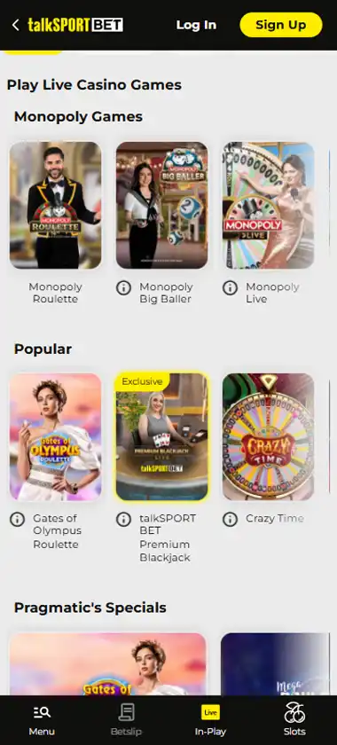 talkSPORT BET Casino mobile live casino interface screenshot showing live dealer tables including blackjack and roulette - tested