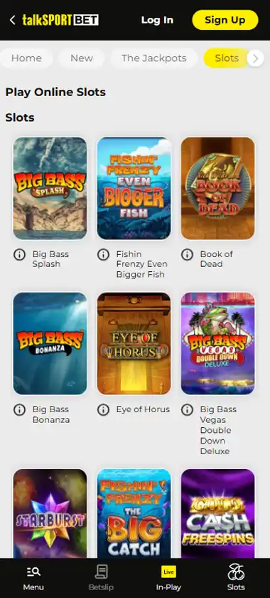talkSPORT BET Casino mobile slots interface screenshot showing slot game selection with popular titles and filtering options - captured during platform testing