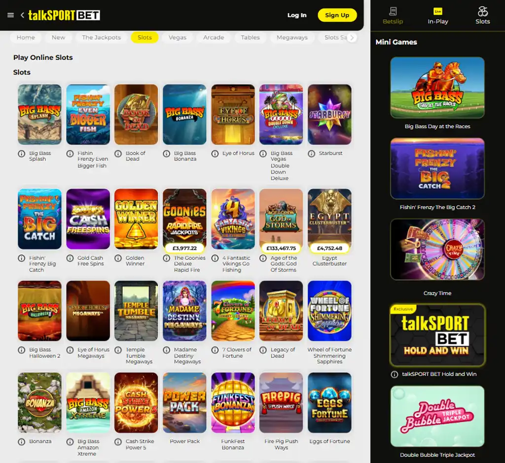 talkSPORT BET Casino desktop slots lobby screenshot presenting variety of slot games with categories and providers - verified