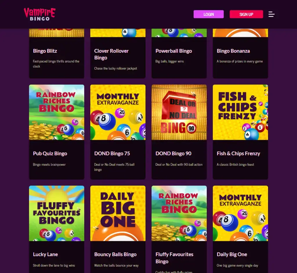 Vampire Bingo Casino desktop bingo games lobby screenshot displaying available bingo rooms and game variations - tested