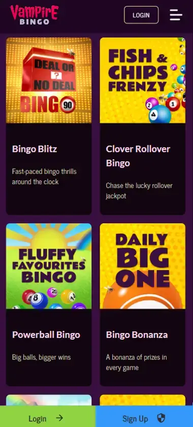 Vampire Bingo Casino mobile bingo interface screenshot showing bingo rooms and active games selection - captured during platform testing