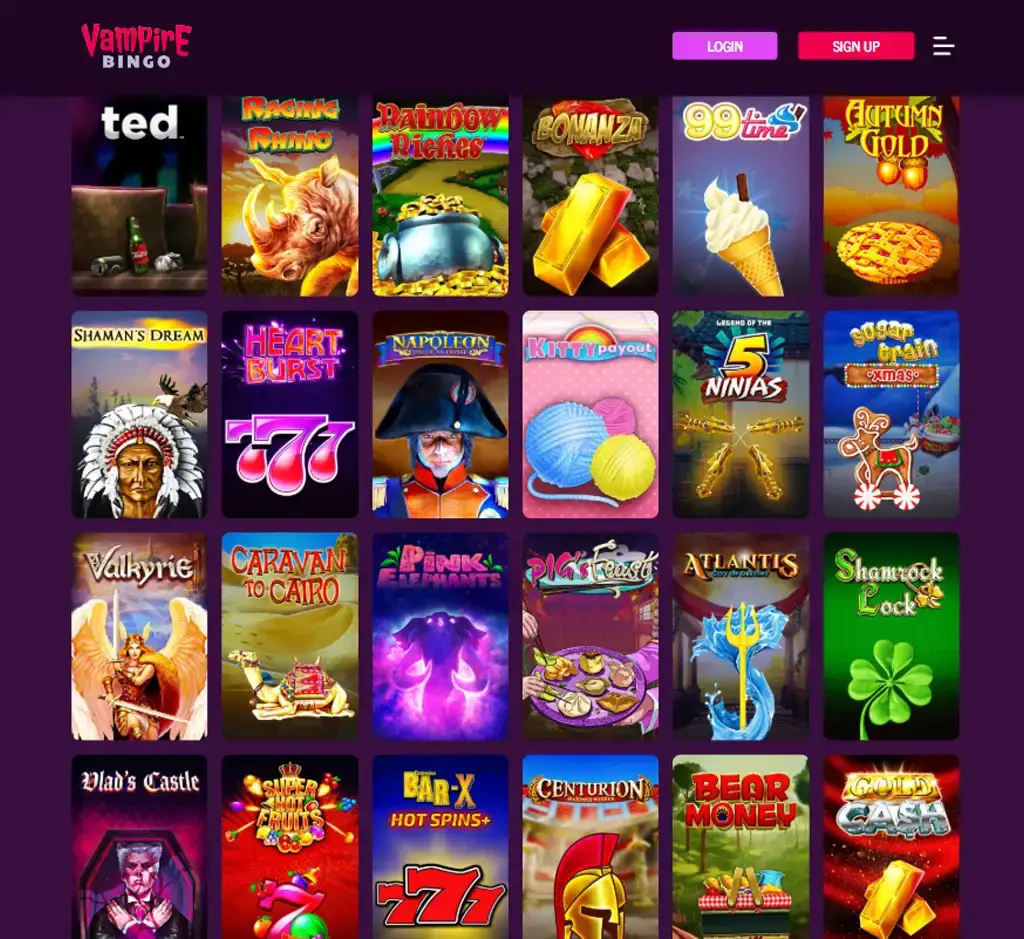 Vampire Bingo Casino desktop slots lobby screenshot presenting variety of slot games with categories and providers - verified