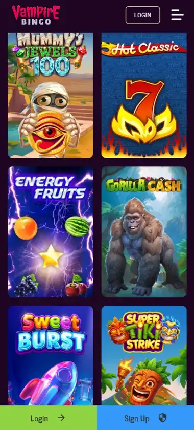 Vampire Bingo Casino mobile slots interface screenshot showing slot game selection with popular titles and filtering options - captured during platform testing