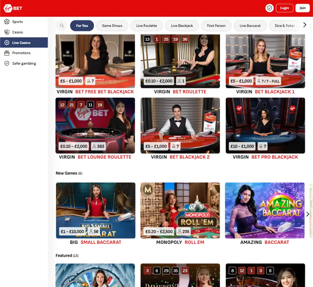 Virgin Bet Casino desktop live casino lobby screenshot featuring live dealer games and real-time streaming interface - tested