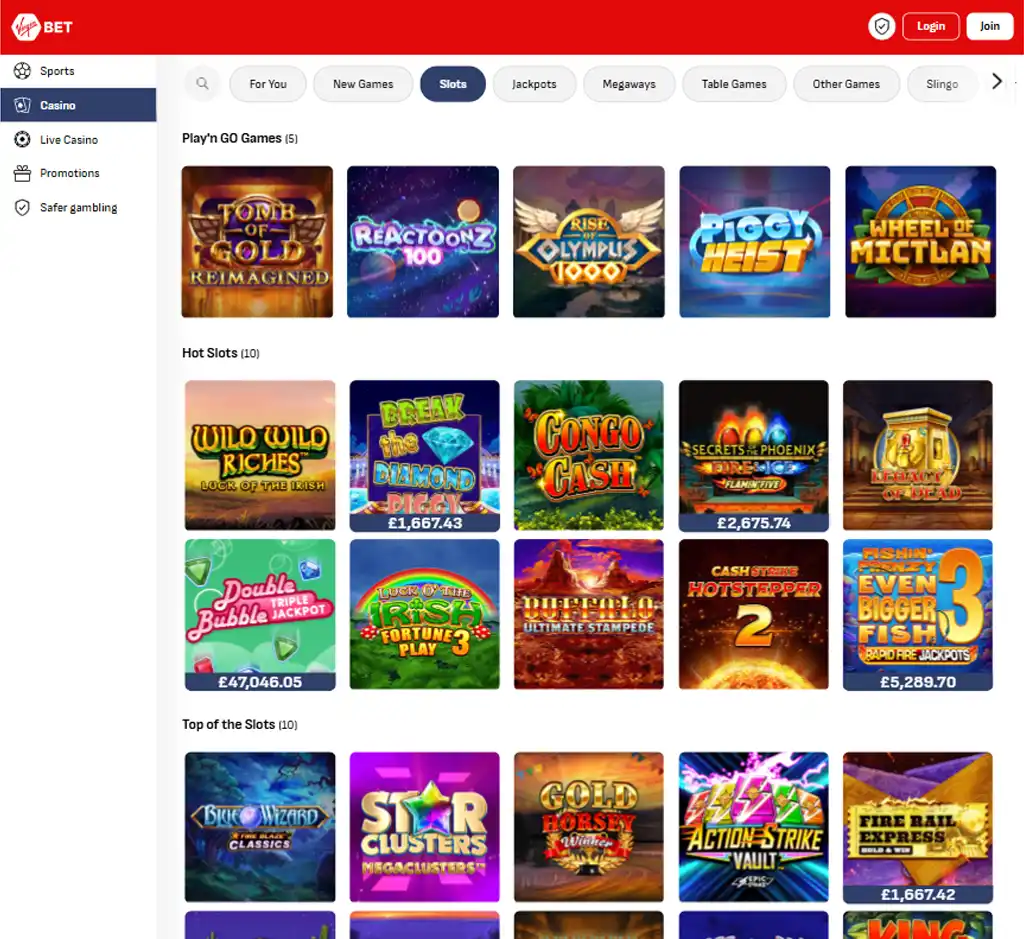 Virgin Bet Casino desktop slots lobby screenshot presenting variety of slot games with categories and providers - tested