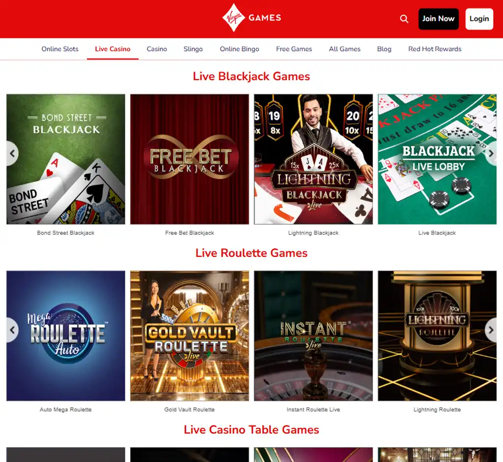 Virgin Games Casino desktop live casino lobby screenshot featuring live dealer games and real-time streaming interface - review testing