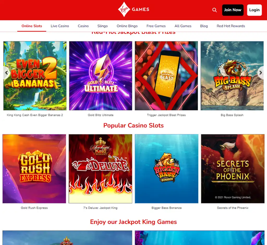 Virgin Games Casino desktop slots lobby screenshot presenting variety of slot games with categories and providers - verified