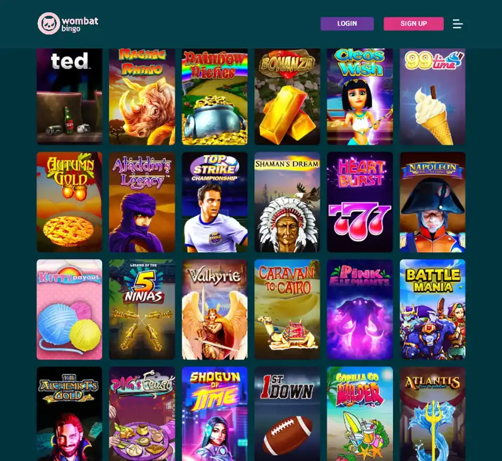 Wombat Bingo desktop slots lobby screenshot presenting variety of slot games with categories and providers - verified