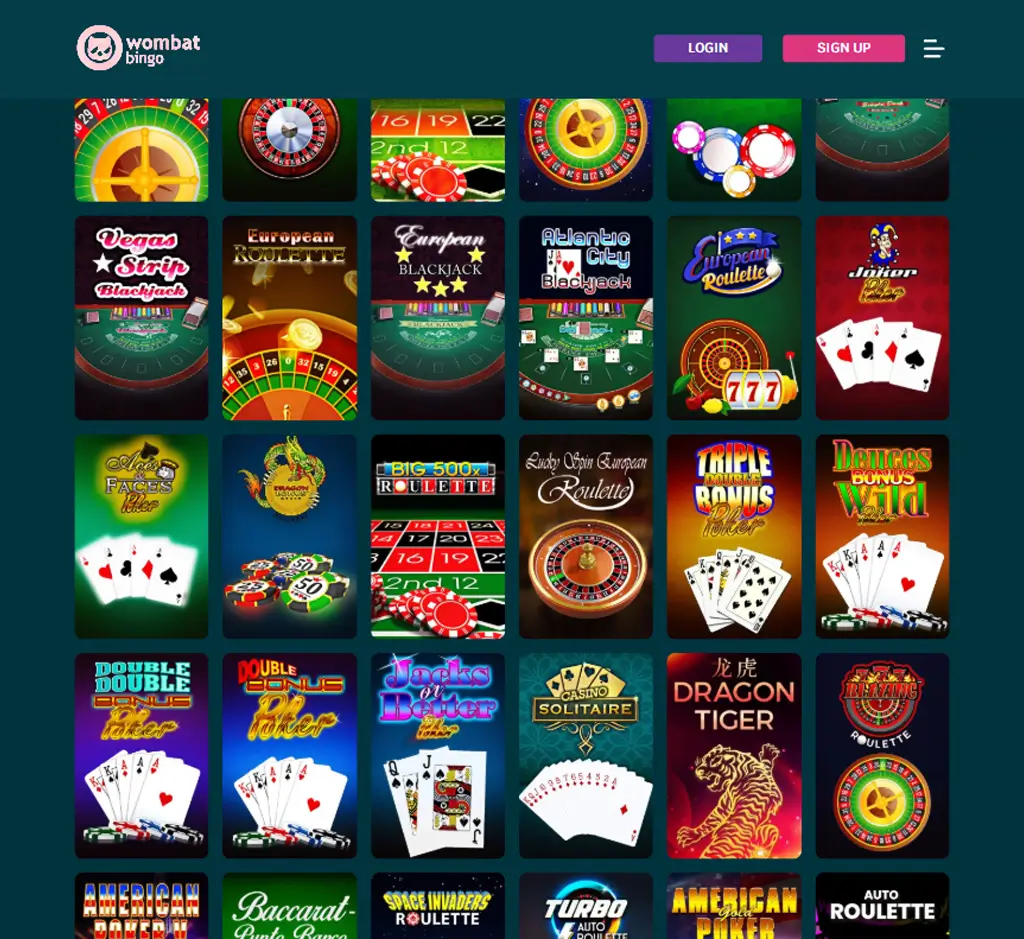 Wombat Bingo desktop table games lobby screenshot displaying classic casino games such as blackjack, roulette and baccarat - tested