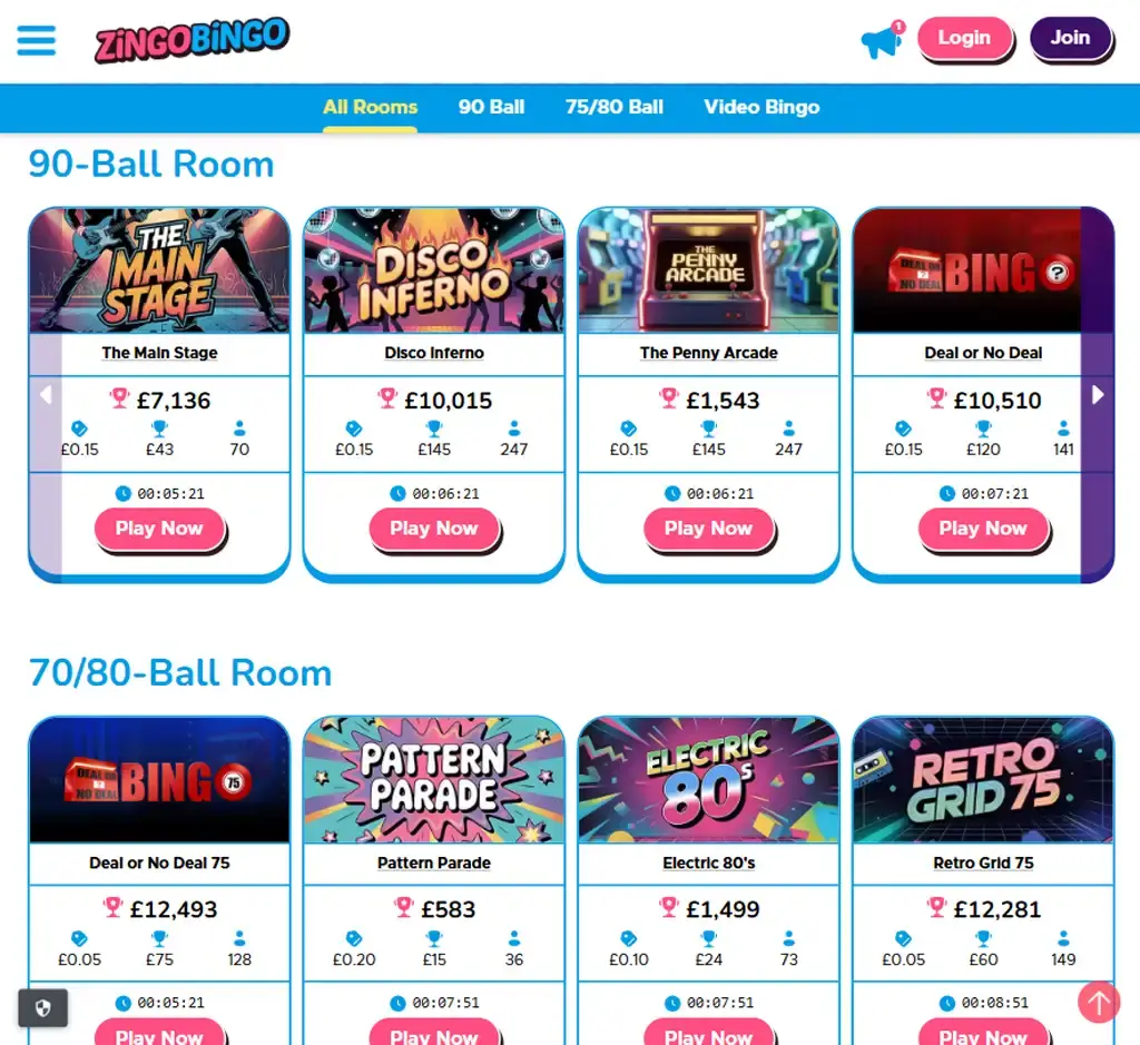 zingo Bingo Casino desktop bingo games lobby screenshot displaying available bingo rooms and game variations - tested