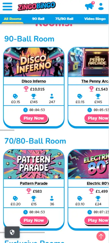 zingo Bingo Casino mobile bingo interface screenshot showing bingo rooms and active games selection - captured during platform testing