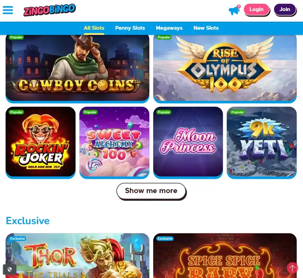 zingo Bingo Casino desktop slots lobby screenshot presenting variety of slot games with categories and providers - verified