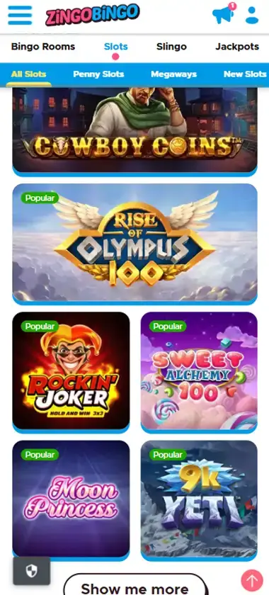 zingo Bingo Casino mobile bingo interface screenshot showing bingo rooms and active games selection - captured during platform testing